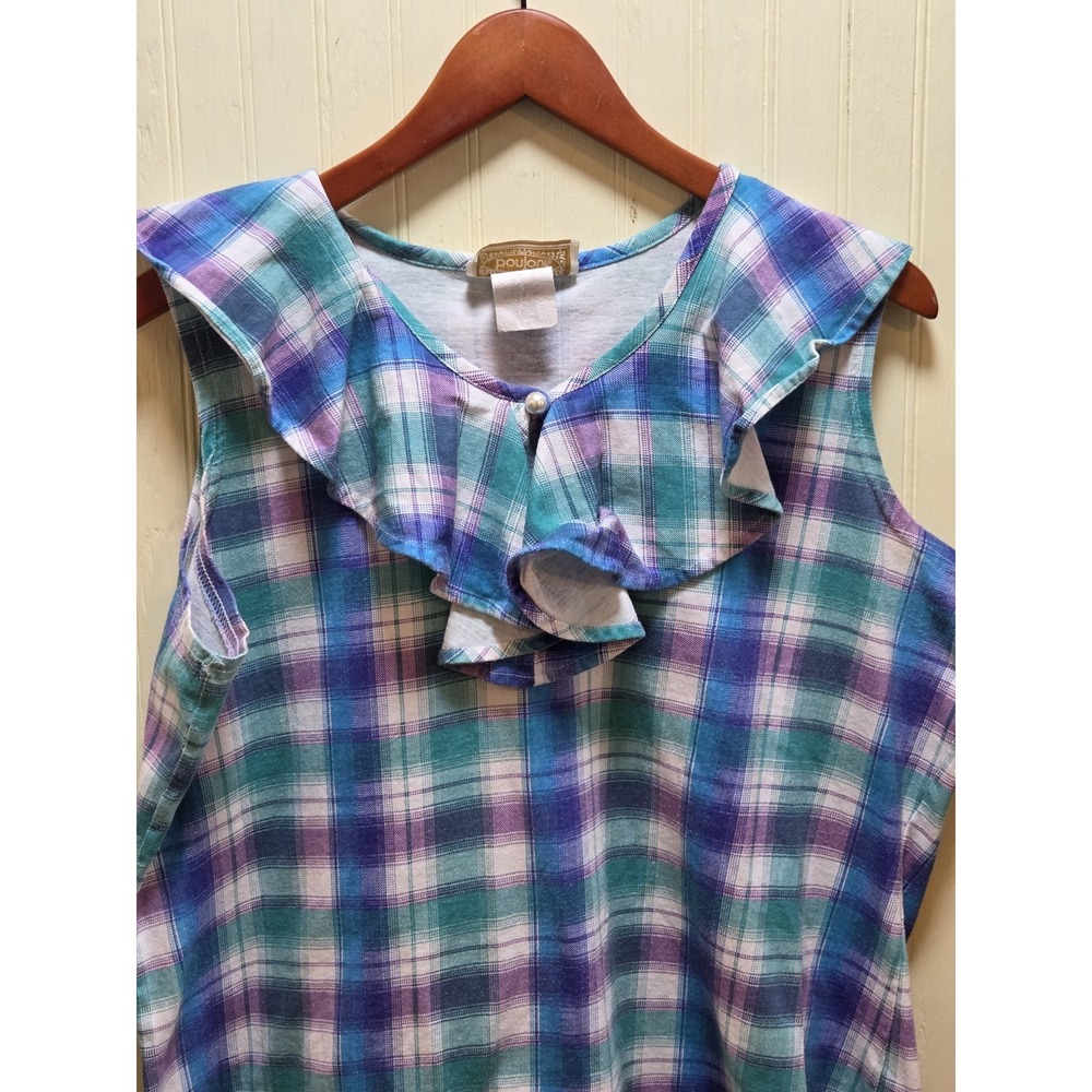 BonJour Blouse‎ Womens XL Multicolor Plaid Ruffle Sleeveless Flannel Top